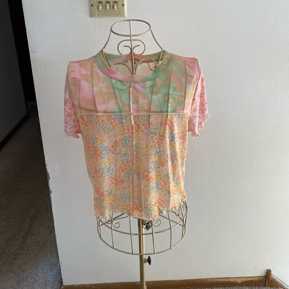 BP Nordstrom Patchwork Crop Top Short Sleeve Ruffle Hem NWT Size L Pink